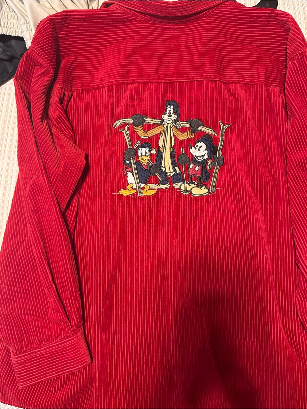 Vintage Disney Red Button-Down Shirt with Embroidered Mickey, Donald & Goofy